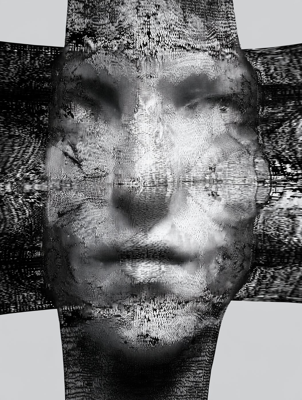 TW-002 Cruciform Weft II by Tela Weft: Cross-shaped knitted relief with a face gazing upward through stippled yarn and digital glitch