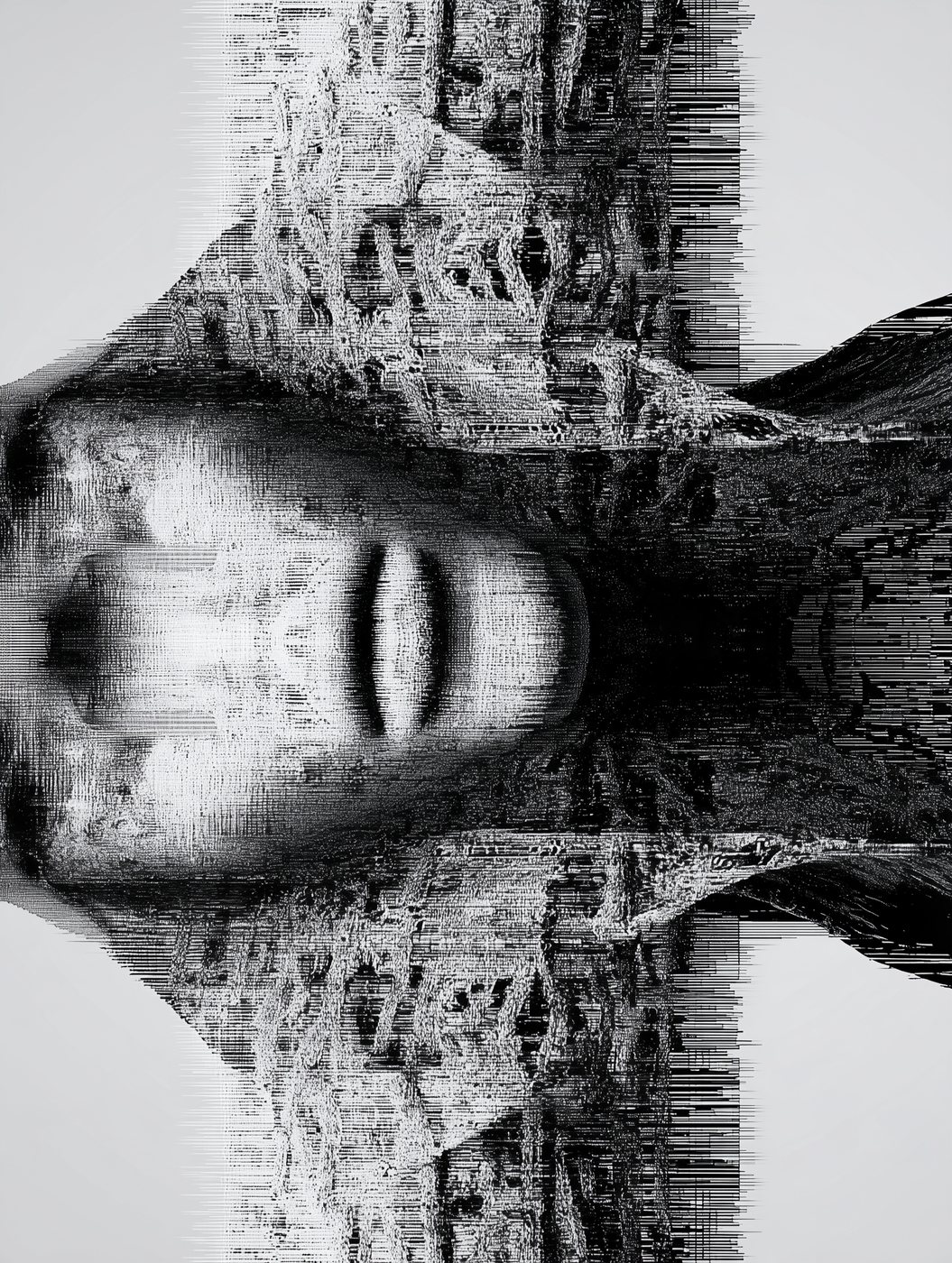 TW-003 Transverse Warp by Tela Weft: Face turned horizontal across a cruciform knitted structure, eyes closed, warp threads fraying at the edges