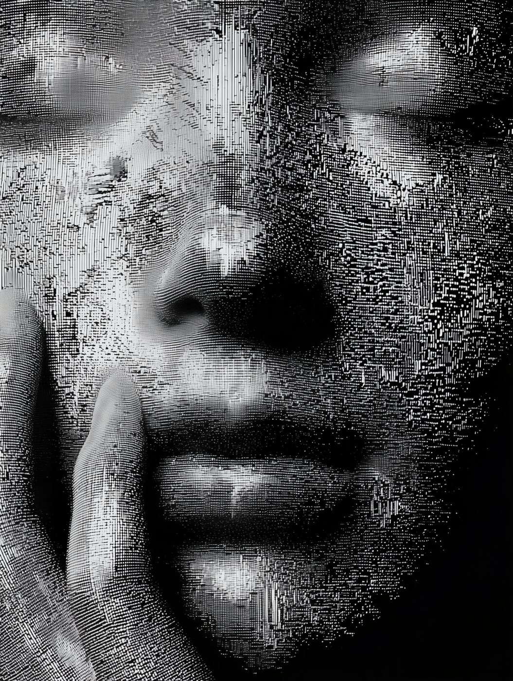 TW-009 The Maker's Hand by Tela Weft: Chiaroscuro portrait of a face resting against a hand, skin rendered in stippled knit texture