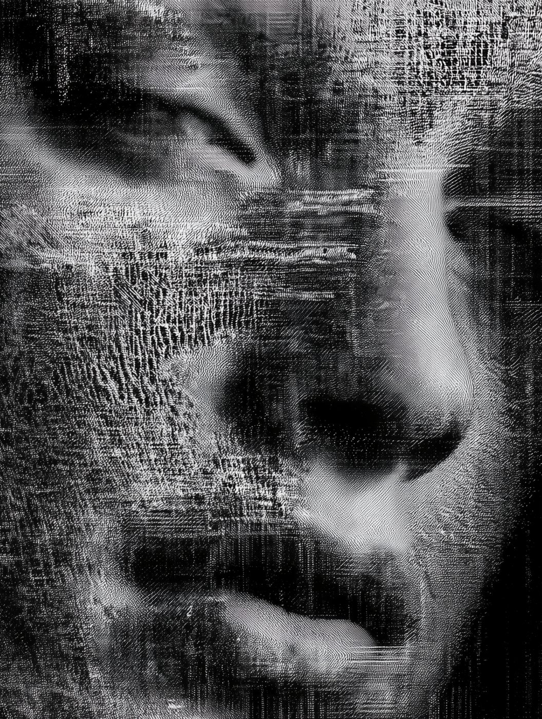 TW-010 Quietude I by Tela Weft: Close face in low light, eyes lowered, features woven from fine horizontal knit rows and glitch