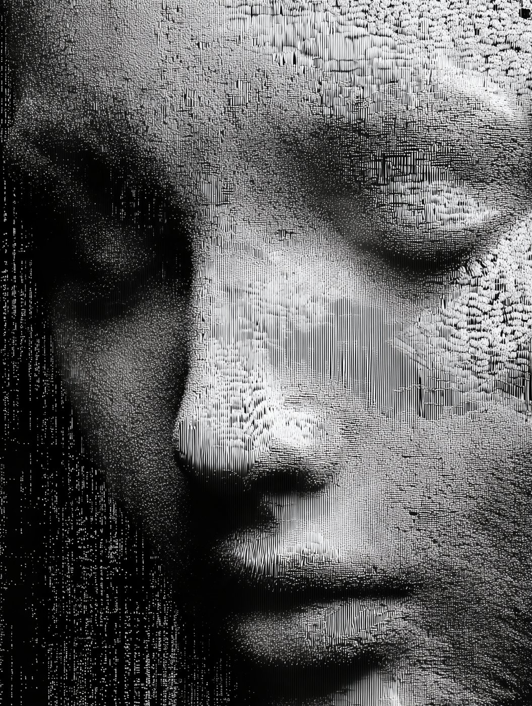 TW-011 Quietude II by Tela Weft: Closed-eyed face in soft chiaroscuro, skin built from dense stitch grain